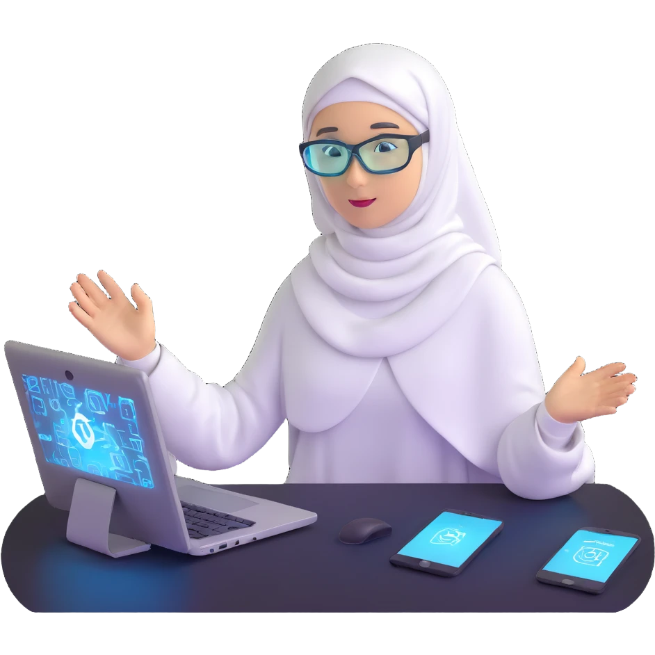 computer engineer with white hijab actively coding and building in the metaverse, hands manipulating holographic code, creating virtual structures, programming digital environments, surrounded by her code creations coming to life, AR glasses on emoji