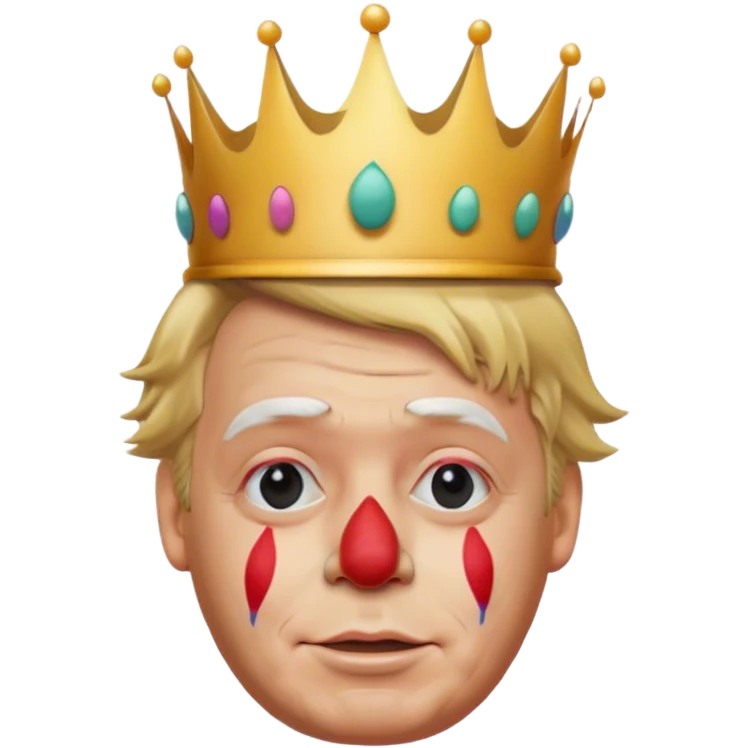 highly detailed, photorealistic Donald Trump as a clown no neck or body, face slightly turned to the right. Skin texture, lighting, and facial details should be ultra-realistic, resembling a professional 3D render must look exactly like him. Transparent background. tiny cartoon crown on his head

 emoji