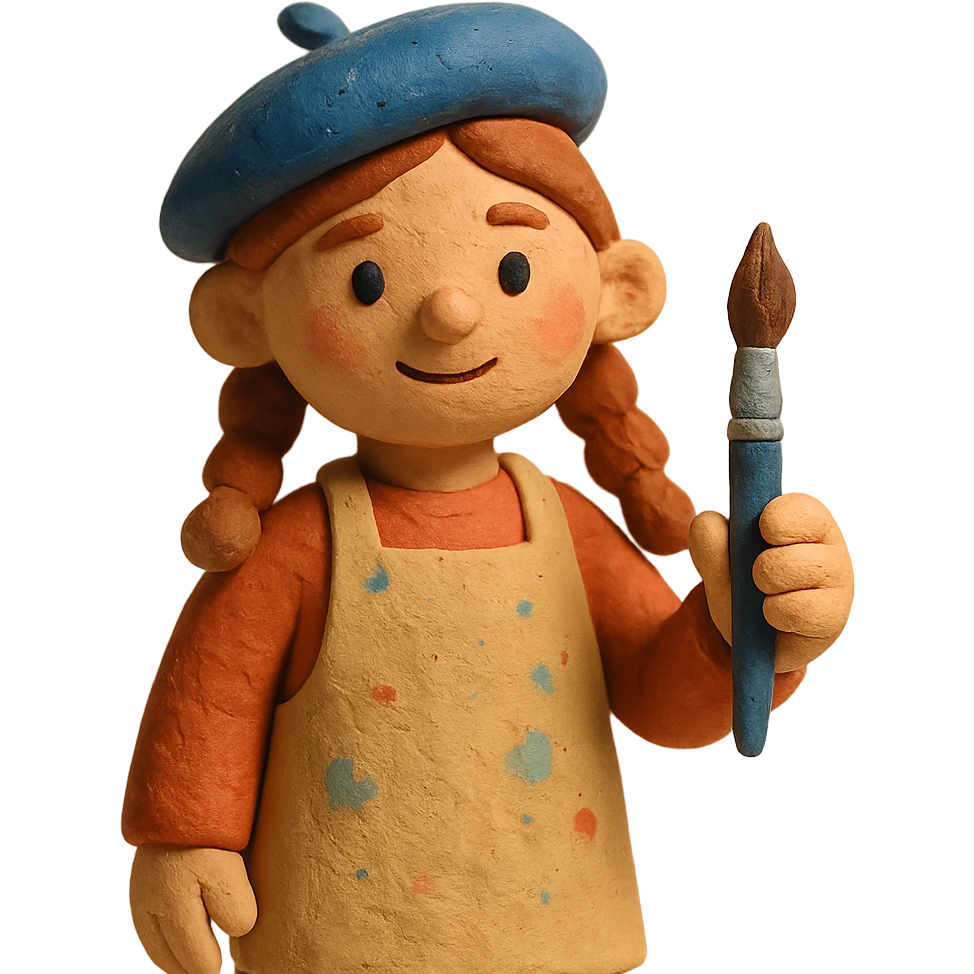 girl artist character wearing a beret and apron holding a paintbrush emoji