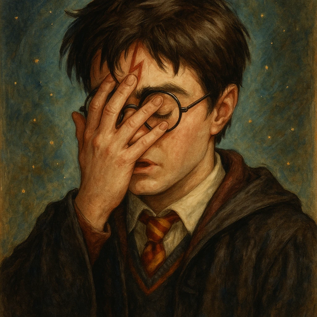 Harry Potter doing a facepalm, glasses, lightning scar, wizard robe, magical style emoji
