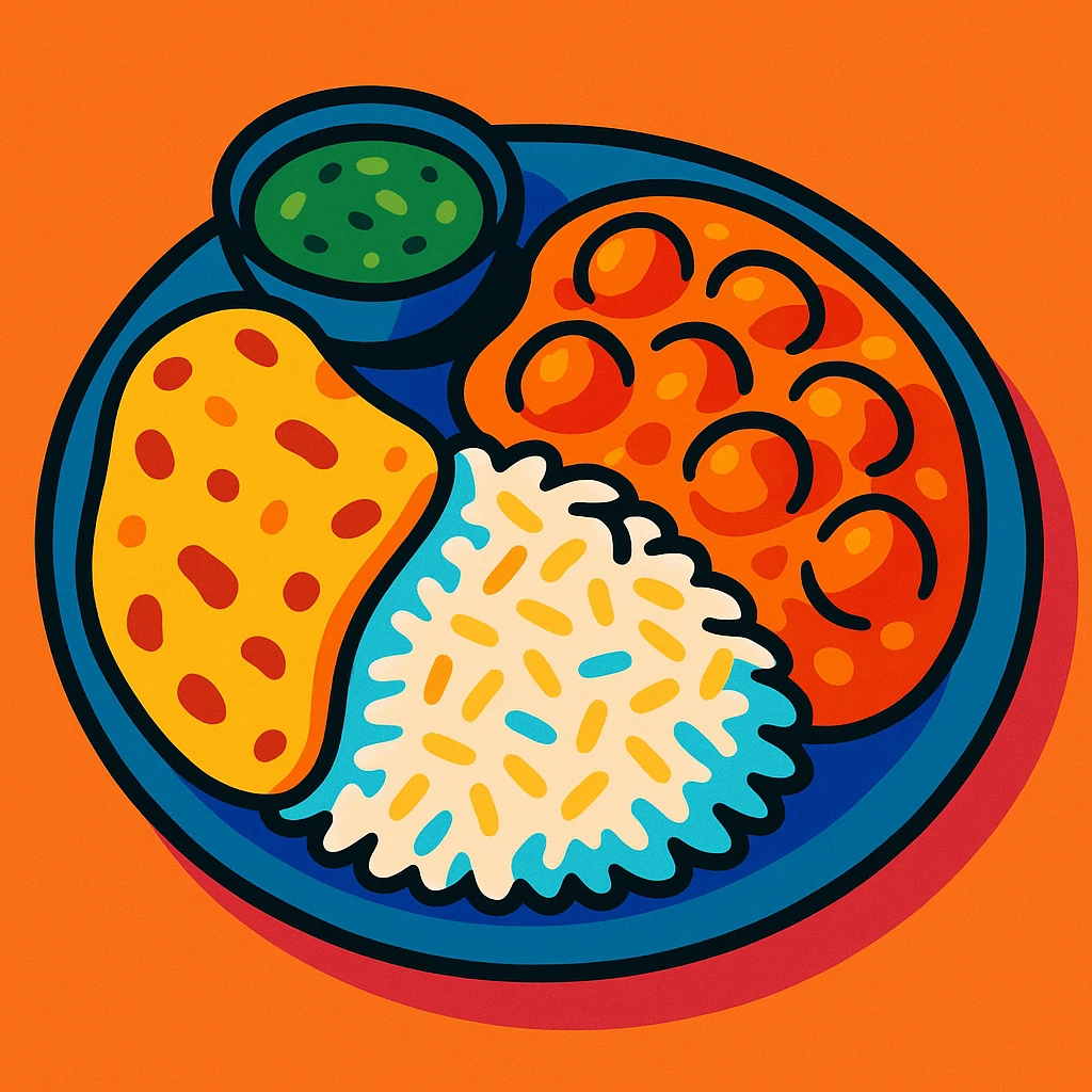 a plate of Indian food, vibrant and colorful, showing rice, curry, naan, and chutney, modern illustration style emoji