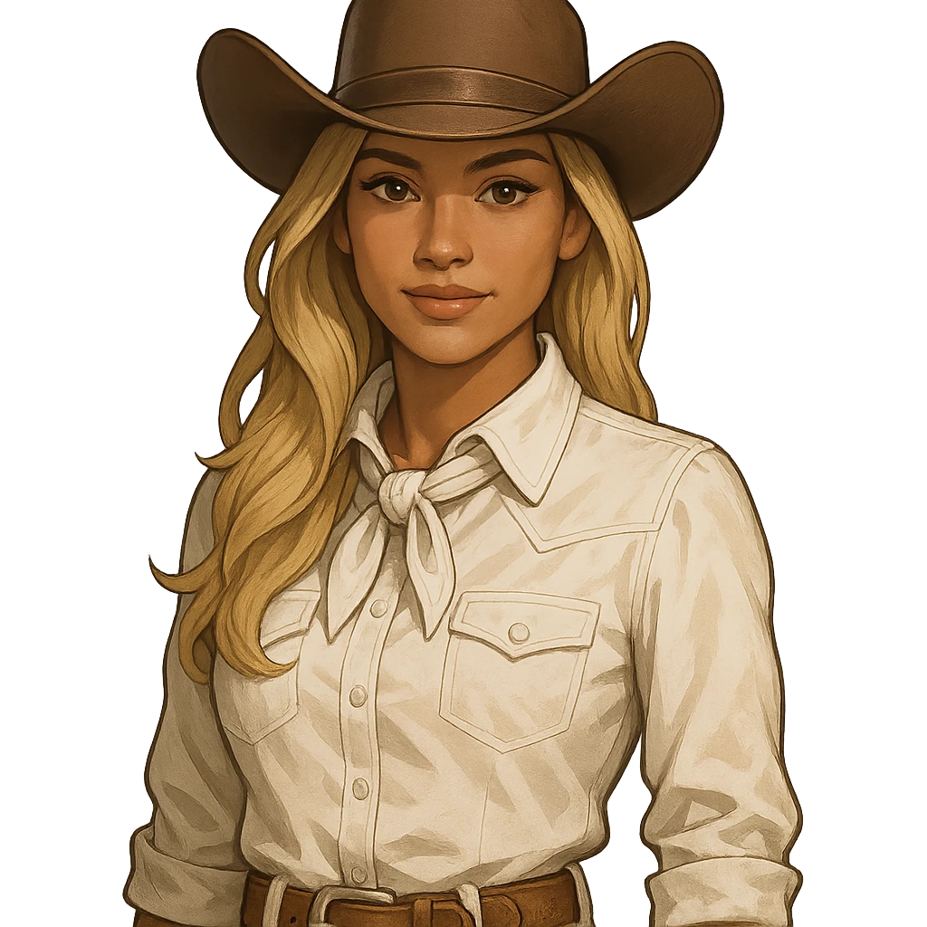 cowgirl character, blonde long hair, brown eyes, tanned, white attire, classic cowboy hat emoji