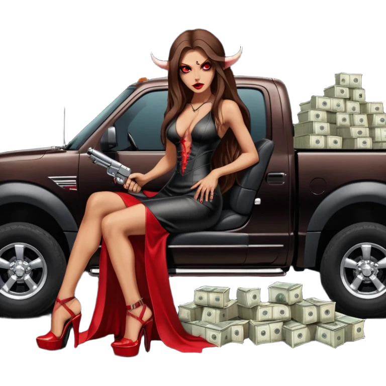 Lilith symbol red eye seductress evil long brown haired sexy succubus woman with leather long dress with slit on, sitting in Big Large F350 pickup truck. Platform long high heels on feet. Back seat full of stacks of cash, she is  Holding a man dead human skull of her enemies and a gun in other hand emoji