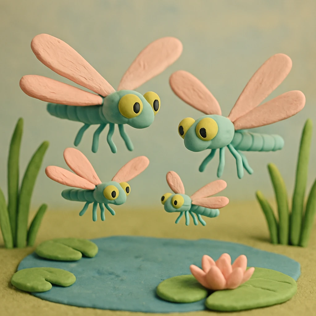 claymation style dragonfly family, two large and two small dragonflies hovering together above a pond, soft pastel colors, playful and gentle scene emoji