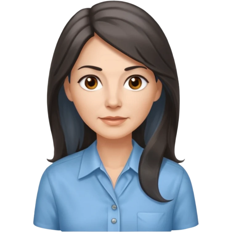 vit 50-årig kvinna med jättelångt mörkbrunt hår med grå/vita slingor bruna ögon ljusblå skjorta med översta knappen uppknäppt emoji