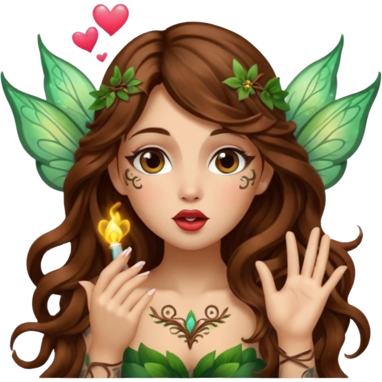 forest fairy woman long wavy brown hair tattoos blowing glowing kiss emoji