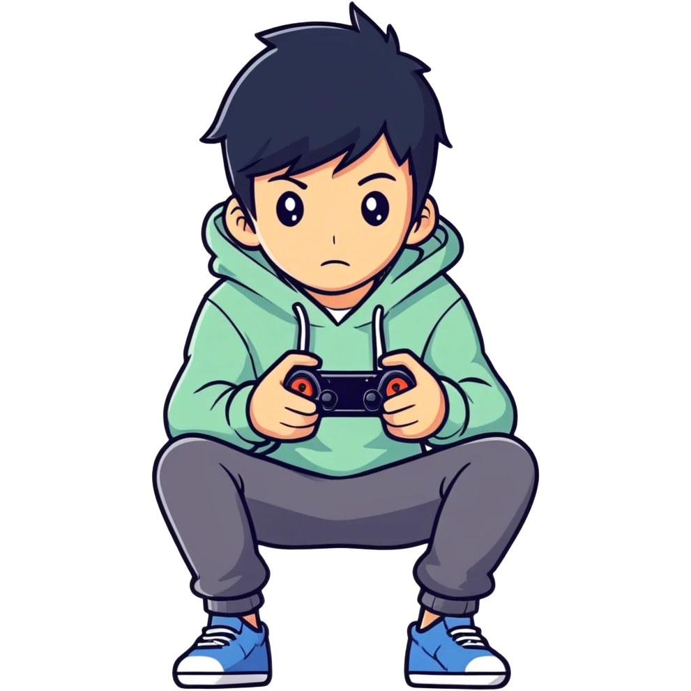 Cool boy kid with black hair and a cool hoodie and playing video games  emoji