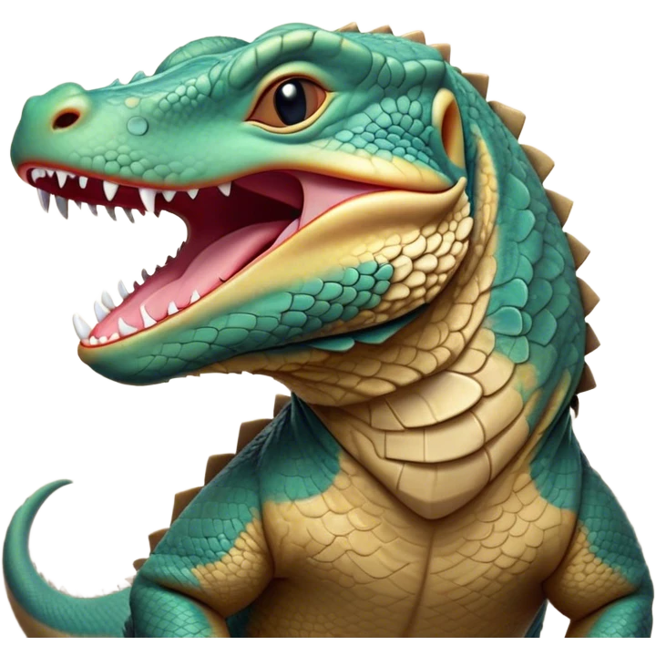 Cinematic Cute Yawning Komodo Dragon Lizard Portrait Emoji, Head slightly angled in a dramatic, wide-open yawn, showcasing rugged, textured scales and sleepy, half-closed eyes, Simplified yet irresistibly adorable features, highly detailed, glowing with a soft, cozy glow, high shine, relaxed yet expressive, stylized with a hint of whimsical wildness, soft glowing outline, capturing the essence of a drowsy yet endearing reptile that appears ready to stretch out for a nap! emoji