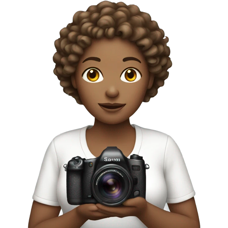 white woman with curly brown hair holding digital camera emoji