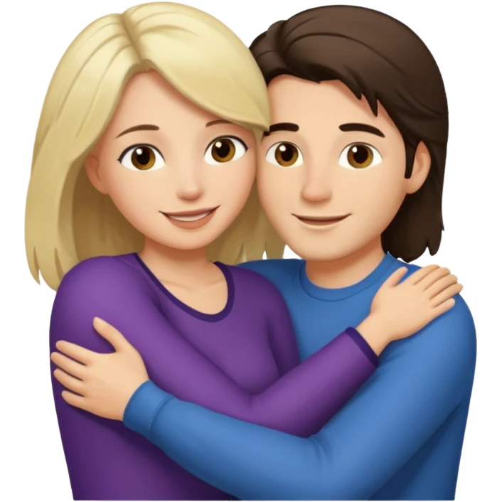 A happy boyfriend and girlfriend hug. She is brunette sexy with long hair. He is blonde short hair emoji