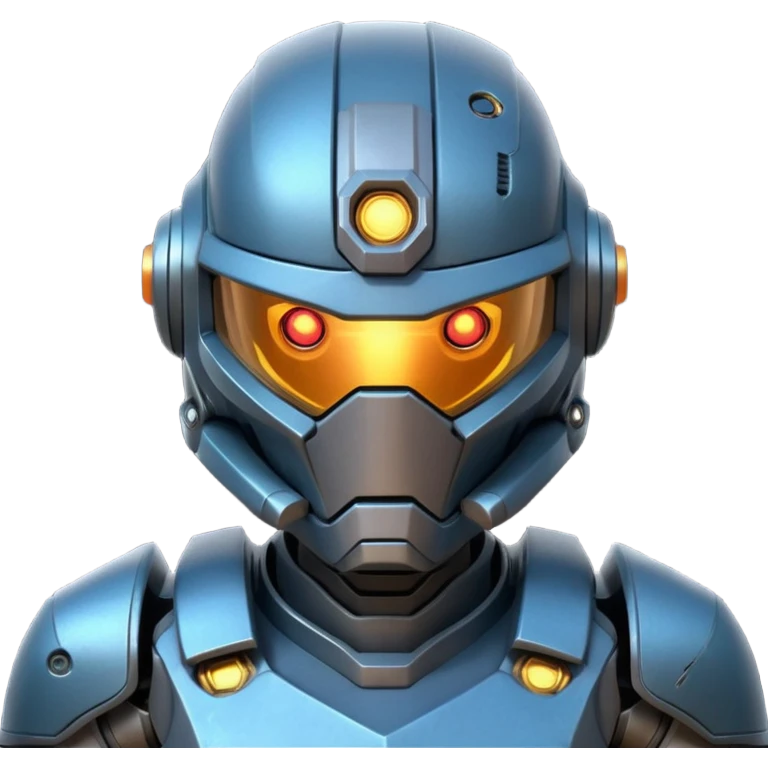 futuristic war robot portrait, head and shoulders only, glowing eyes, detailed helmet faceplate, armor collar, sci-fi metal textures, 3D cartoon, mobile game icon style, clean background, no text, no watermark
 emoji