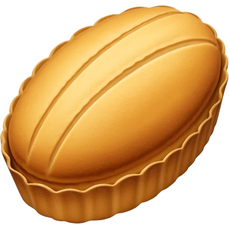 A madeleine pastry. Oval shaped with vertical lines going in the same direction as the oval. Light golden brown. Scalloped edge. Cookie. Flat. emoji