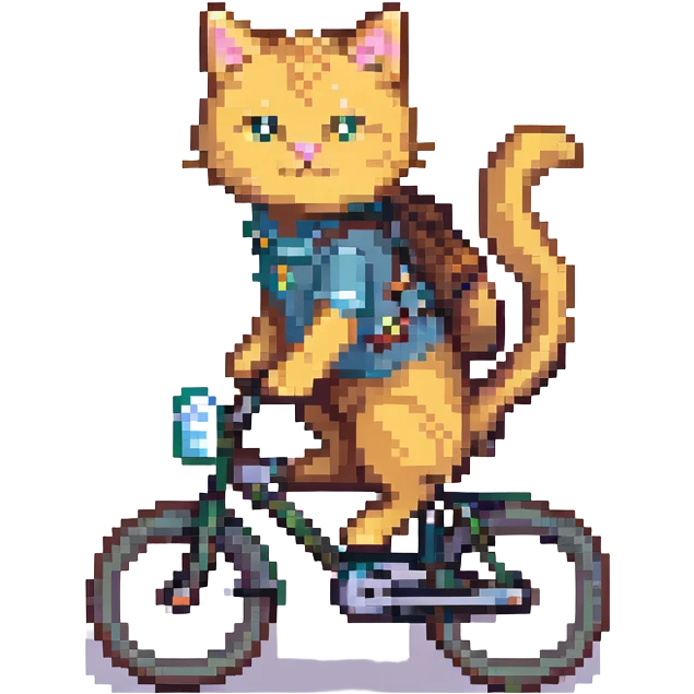 cat riding a bike with blonde hair, pixel art style emoji