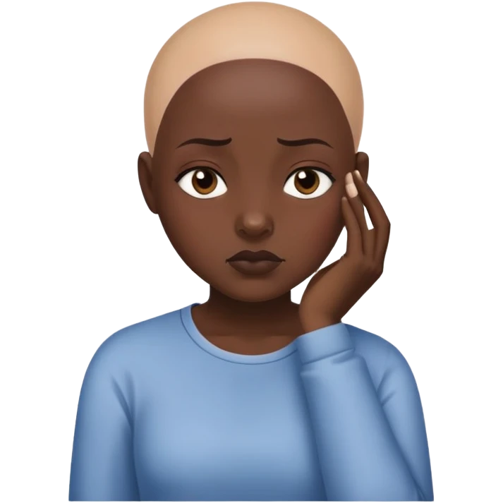 Girl showing tiredness, dark skin tone, bald emoji