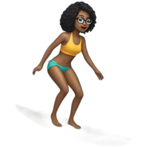 woman on a surfboard black hair glasses emoji
