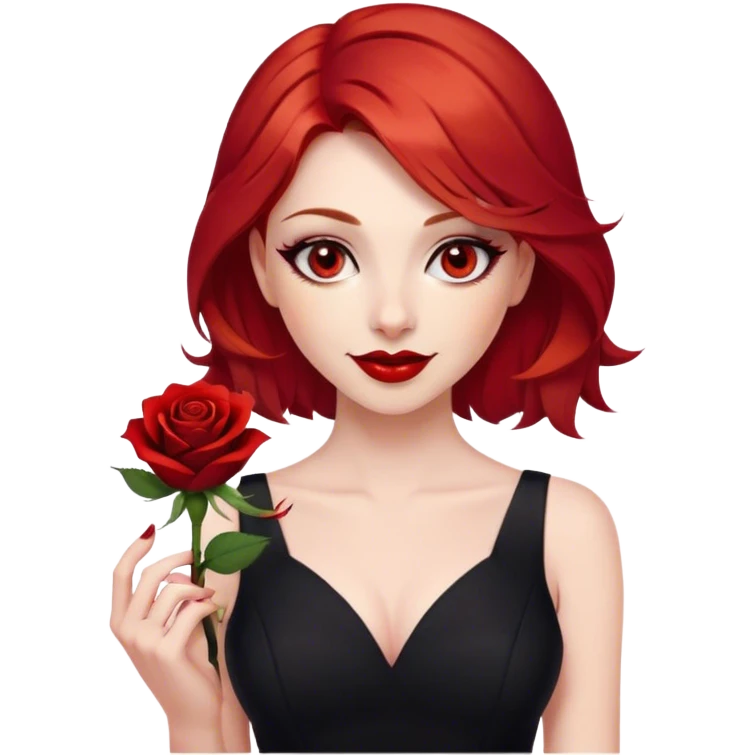 a beautiful woman with red hair and red eyes. The woman wear a black little cutted dress. She have red lipstick and she have a seductive look and smile. She have a rose flower in her hair emoji