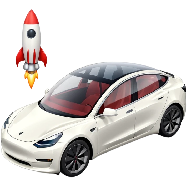 Tesla model 3 white. Two small rockets mounted flat on roof emoji