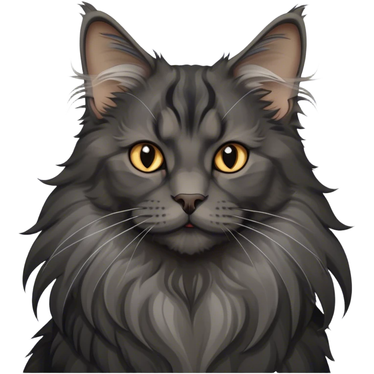Portrait of a black smoke Maine Coon cat with long grey ear tufts and a large grey ruff around its neck. The cat has a majestic expression, with fluffy fur and striking eyes. Transparent background. emoji