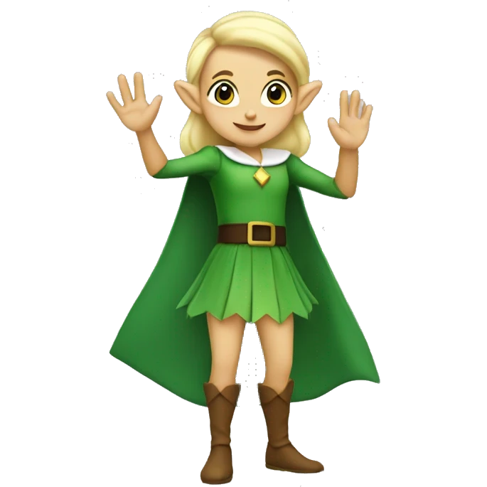 blonde elf with green skirt and large eyebrows waving hello with one hand emoji