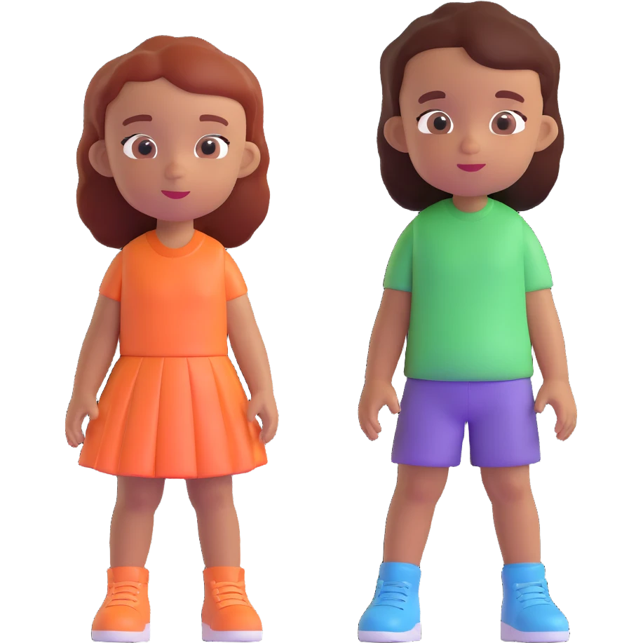 Slightly increase the volume of the upper body of the girl, separate the girl and the boy from each other, make the skin color the same for both characters. Keep the cartoonish 3D style. Keep the background transparent. emoji