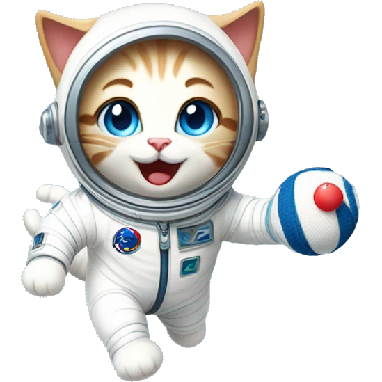 Create a cute cat emoticon wearing a white spacesuit with blue eyes. The cat is playfully upside down in the air, tossing a ball of yarn while having fun. The overall expression should be adorable and whimsical. 
 emoji