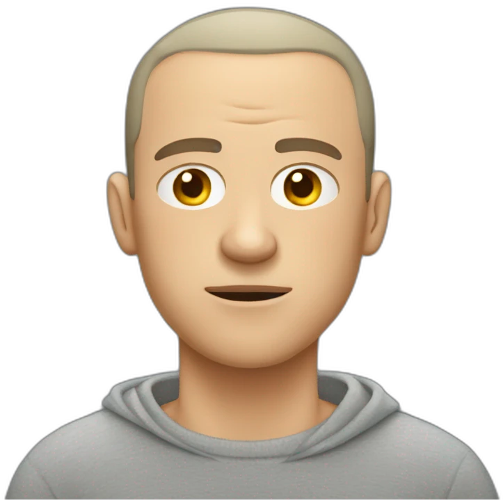 tired white man with buzz cut in gray sweatshirt is spooked emoji