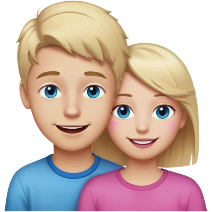 dirty blonde boy with blue eyes smiling with mouth closed next to girl with blonde hair and a few pink highlights and brown eyes also smiling emoji