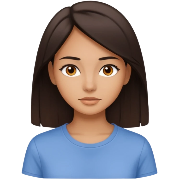 Koyu saçlı, genç bir kadın. Ten rengi buğday. Gözleri kahverengi. Saçları düz (veya kıvırcık) ve orta uzunlukta. Soft makyajlı, sade stil. emoji