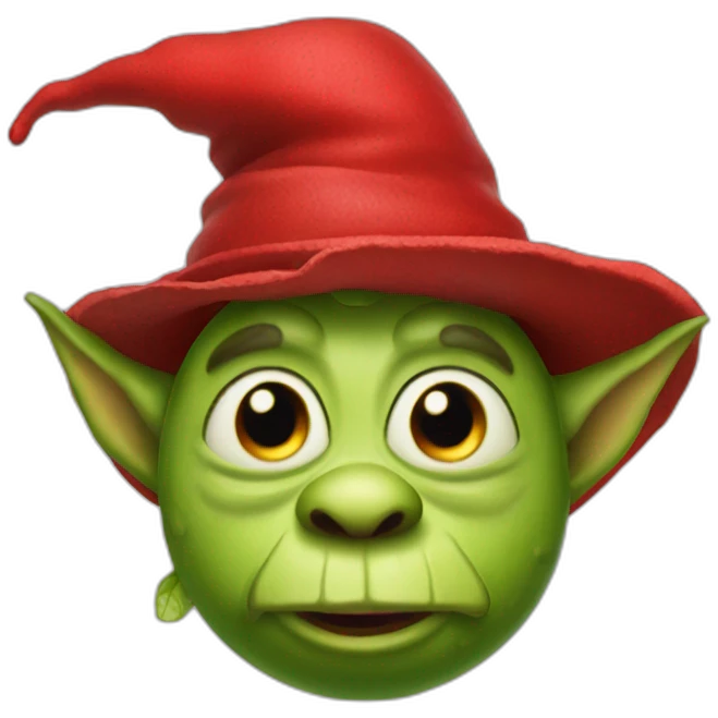 goblin in cucumber hat with red carped emoji