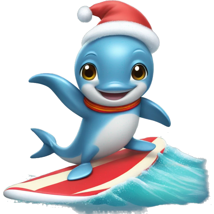 Dolphin riding a surfboard in a Christmas outfit   emoji
