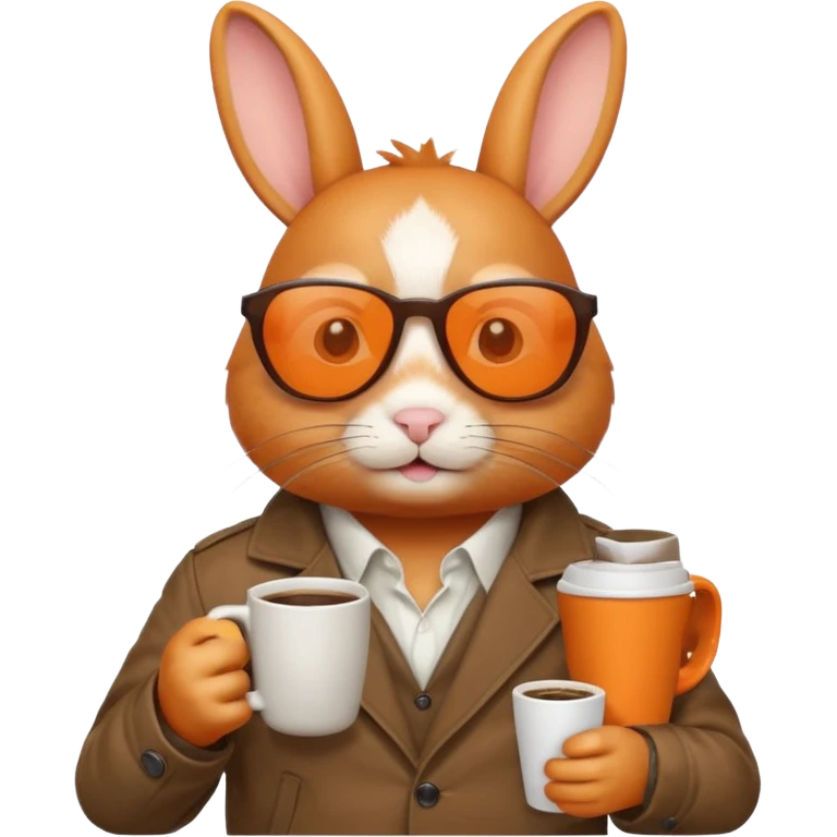 Orange rabbit, wearing brown jacket, sunglasses, holding coffee mug emoji