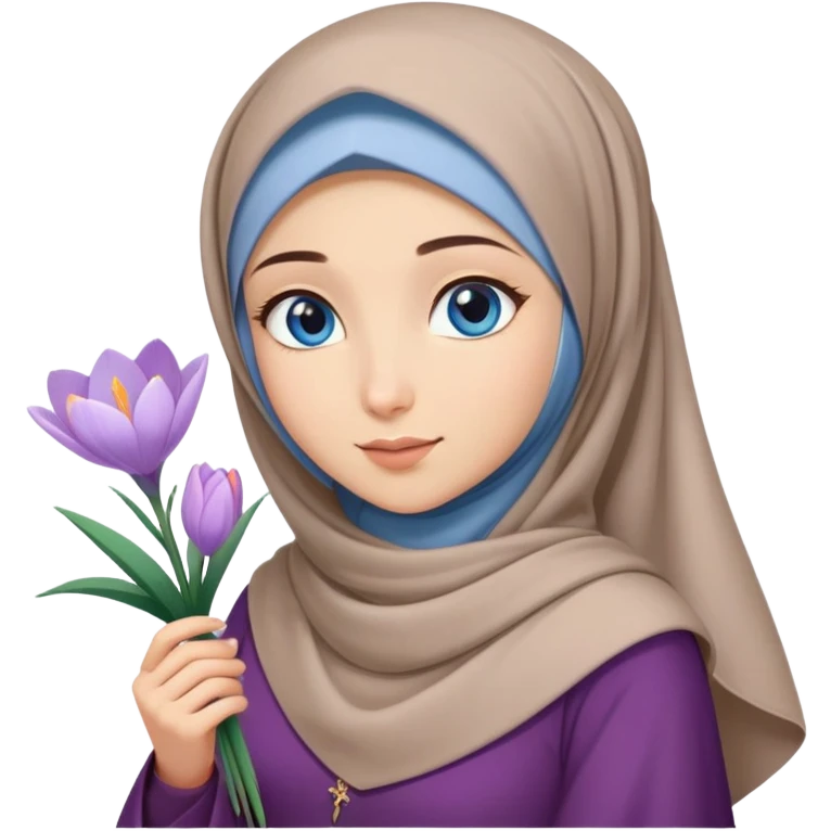 Turkish beautiful finish Konya girl blue eyes with crocus flower hijab long tail dress and hold crocus flower on hand  emoji