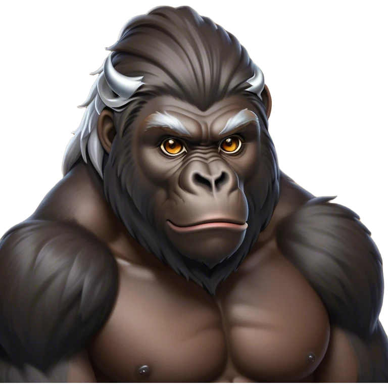 Cinematic Noble mountain Gorilla Portrait Emoji, Poised and majestic, with a powerful, muscular frame accentuated by a distinguished silver mane and piercing, wise eyes, Simplified yet sharp and sophisticated features, highly detailed, glowing with a soft, regal jungle glow, high shine, intelligent and commanding, stylized with an air of imperial strength, focused and resolute, soft glowing outline, capturing the essence of a watchful guardian that feels as though it could step out of the screen with effortless authority! emoji