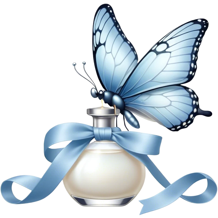 A pearl-colored butterfly, its wings dusted with a whisper of silver, rests gently on the loop of a powder-blue silk ribbon. The ribbon, wrapped around the stem of a crystal perfume bottle, catches the flickering candlelight, while another butterfly, lighter than air, flutters delicately in the background, leaving behind an invisible trace of magic. emoji