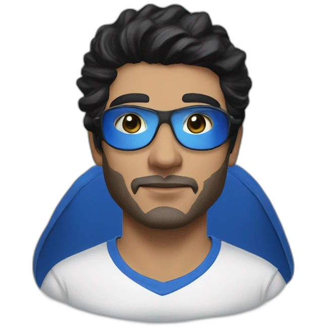 A man with gray eyes, black hair, wearing an eye mask and a Al Hilal Club T-shirt His color is blue and his skin color is white  emoji