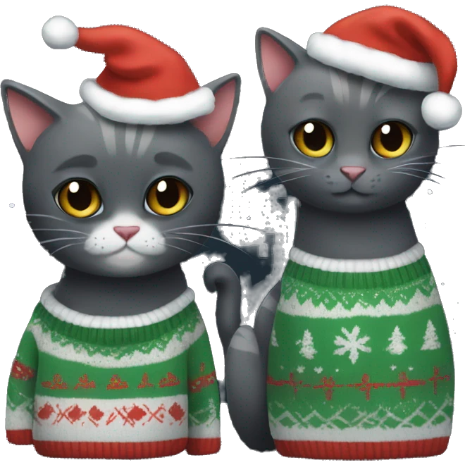 Tiny Black cat and old grey cat in Christmas sweaters emoji