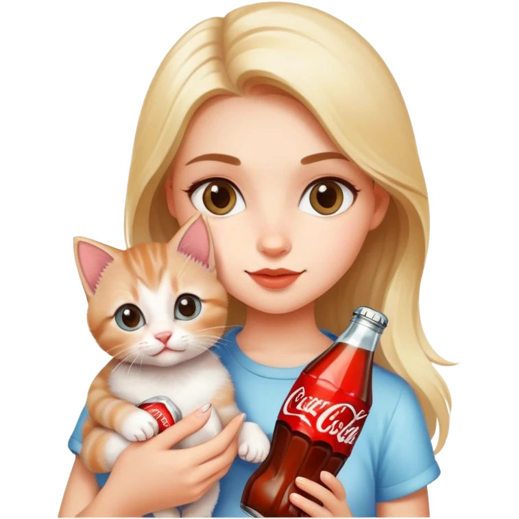 A beautiful girl holding a kitten in one hand and a Coke in the other emoji