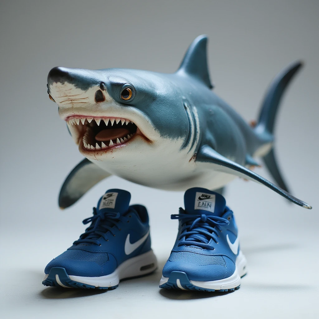 a realistic shark wearing blue Nike shoes, detailed and lifelike emoji
