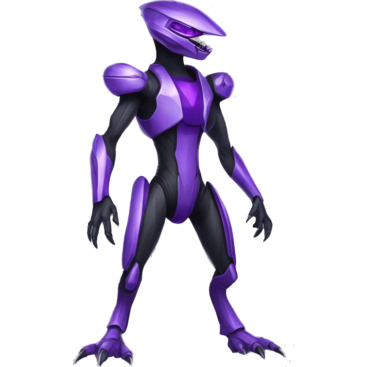 a shiny black-purple Genesect-Raptor-Fakémon—hybrid with a futuristic visor-helmet full body emoji