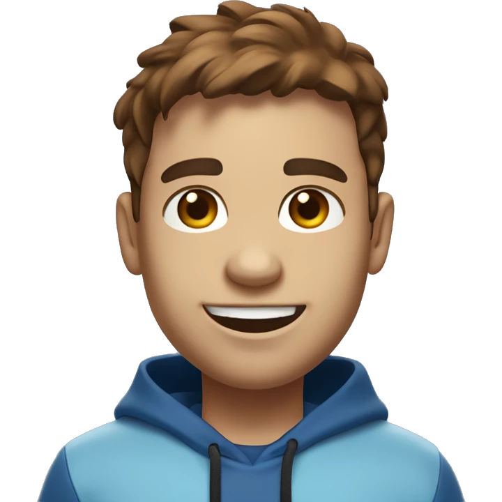 A digital 3D emoji-like face with brown hair, a small mole under the right eye, wearing white earbuds, and smiling. The character is wearing a dark blue hoodie and a black Nike crossbody bag. The background is a gradient light blue. emoji
