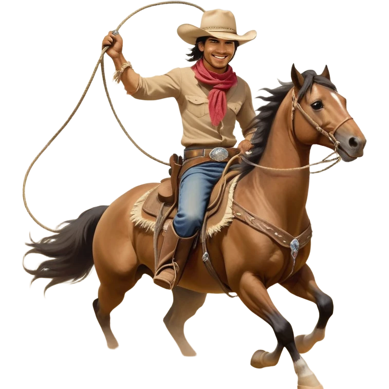 clash-of-clans-aesthetic_-cinematic-playful-cowboy-portrait-emoji, head-tilted with a roguish, cheeky grin and twinkling eyes, featuring a wide-brimmed cowboy hat and a weathered bandana on tan skin, riding a powerful galloping horse with dynamic flowing mane, reins gripped firmly in one hand and a lasso in the other, as dust swirls behind them in a vast desert landscape. emoji