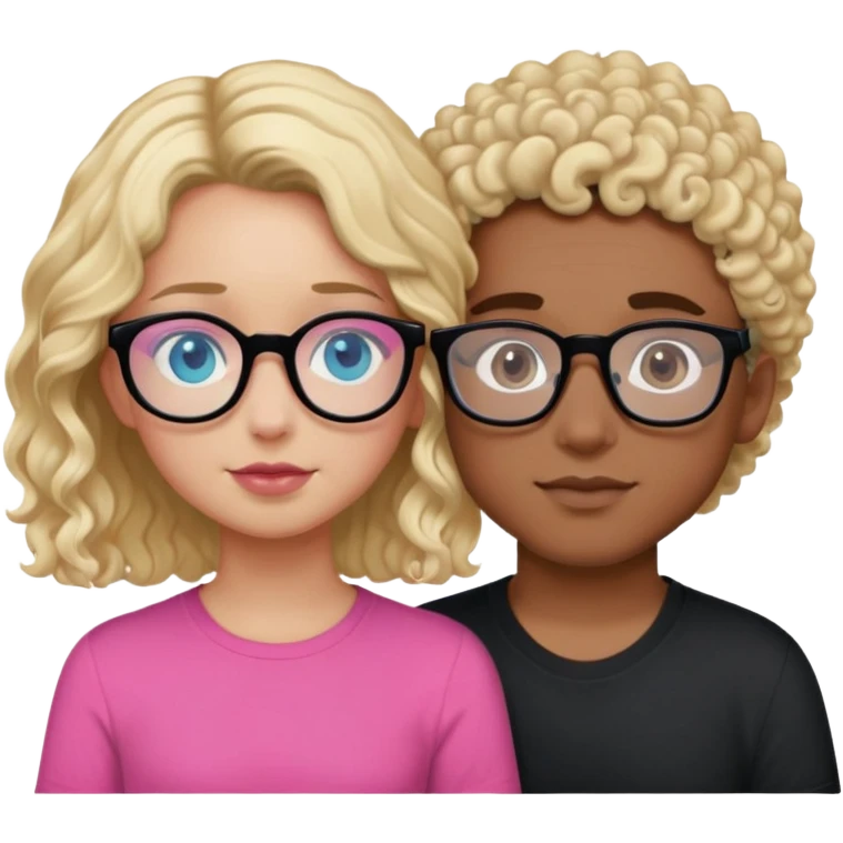 intimate moment between lovers, boy he has, blonde hair black glasses and blue eyes and a black shirt, Girl with a mixed skin tone, she has dark brown curly hair, pink glasses, and a pink shirt, the girl doesn’t have blonde hair, the boy had blonde hair emoji