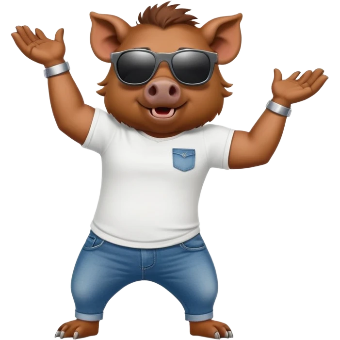 friendly anthropomorphised boar in jeans and a t-shirt, wearing dark sunglasses, stretching pose emoji