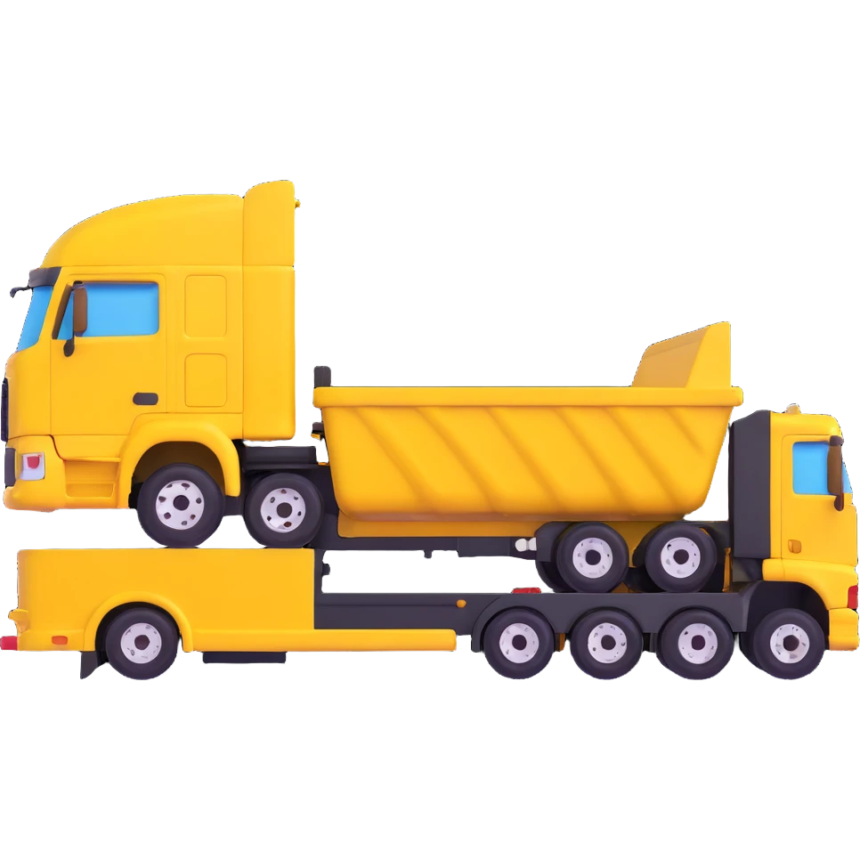 yellow sleeper semi truck with a large end dump trailer in a country landscape, 3D emoji style emoji