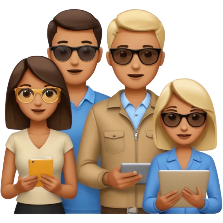 Команда в костюмах из трёх человек. на переднем палне Мужчина впереди общается по смартфону, дальше женщина слева стоит с ноубуком, мужчина справа держит бумаги. У всех людей разные, но позитивные эмоции. Все троя в солнцезащитных очках emoji