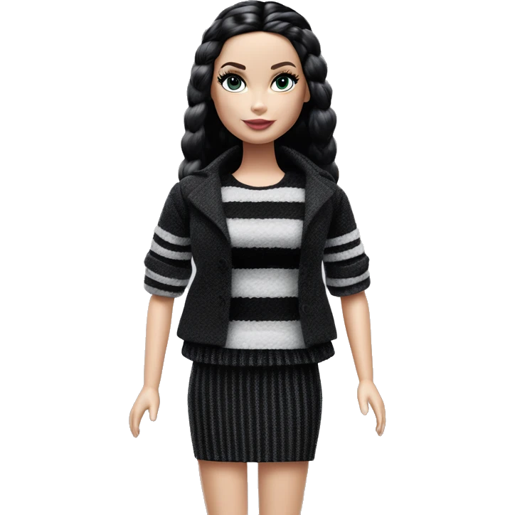 Bouclé Beauty Barbie, Wednesday Addams from academy, in dark-gray and black striped outfit. emoji