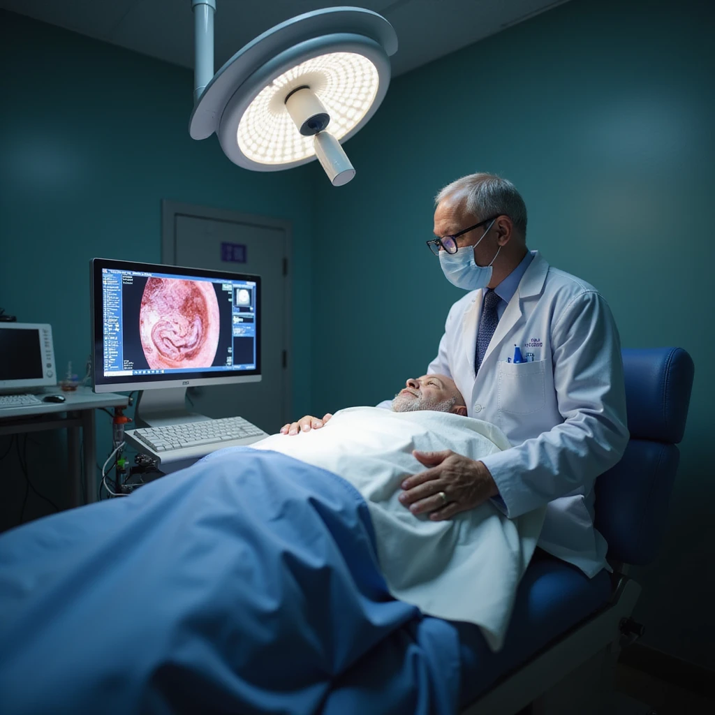 realistic hospital scene with adult patient lying down for colonoscopy, endoscopic monitor showing 5mm polyp, doctor indicating early suspicious changes emoji