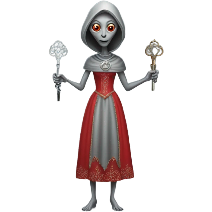 a gray alien woman, full body, in red Romanov dress, holding big keys emoji