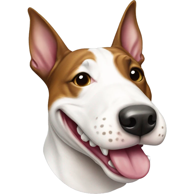 Tri-coloured English bull terrier smiling with ball in mouth emoji