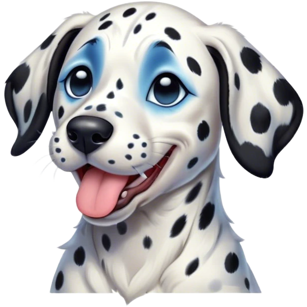 Cinematic Cute Yawning Spotted Dalmatian Portrait Emoji, Head tilted slightly with a dramatic, wide-open yawn, showcasing a smooth Fur of predominantly white with bold black patches, floppy ears slightly drooping, round blue eyes barely open in drowsy contentment, Simplified yet irresistibly adorable features, highly detailed, glowing with a soft, cozy glow, high shine, relaxed yet expressive, stylized with a touch of whimsy, bright and endearing, soft glowing outline, capturing the essence of a sleepy yet affectionate guardian, so drowsy it feels like it could stretch out of the screen and curl up for a nap! emoji